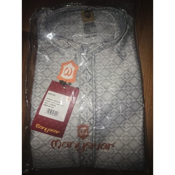 Manyavar Men Blended Cotton Embroidered Kurta Pyjama Set SZ L Gray Top - Picture 6 of 12